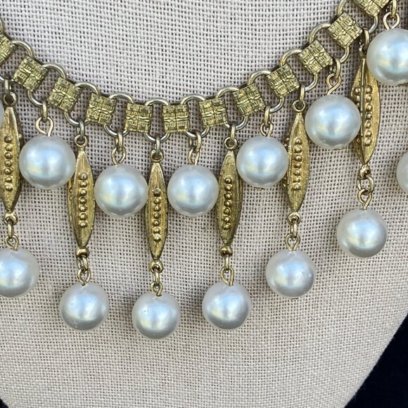 Coro Gold Tone Pearl Drop Waterfall Fringe Bib Necklace - signed - Picture 4 of 15